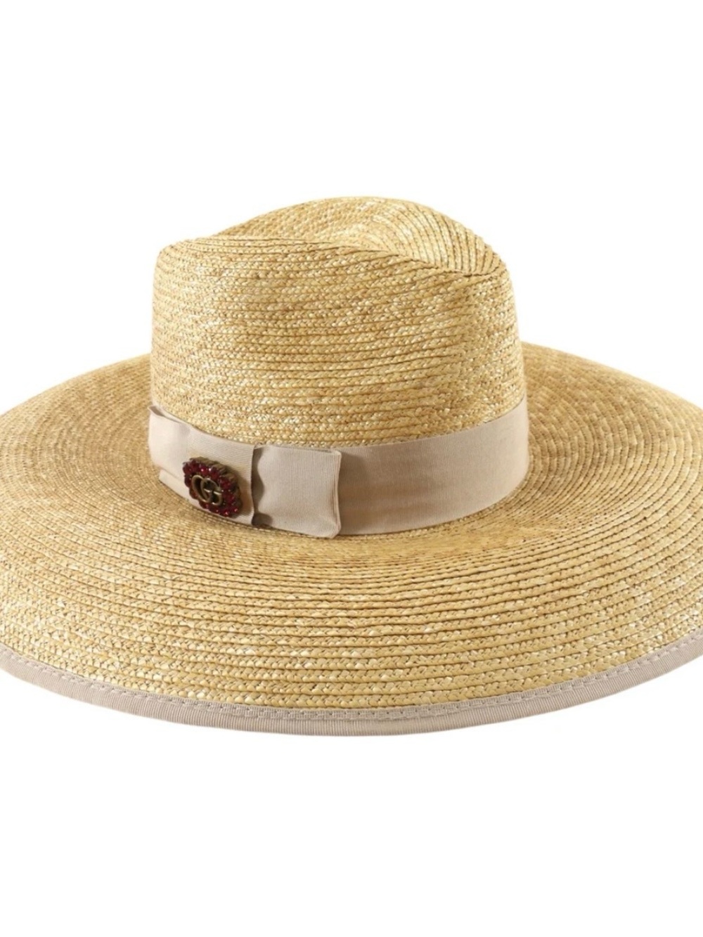 Gucci Natural Straw Wide-Brim Hat with Beige Ribbon and Red Accent